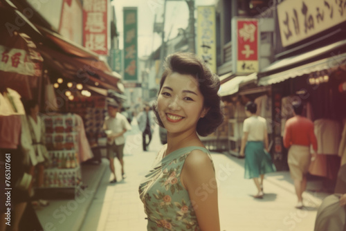 昭和レトロな町で微笑む美女 Nostalgic photo. A beautiful woman stands in a postwar Japanese town. 