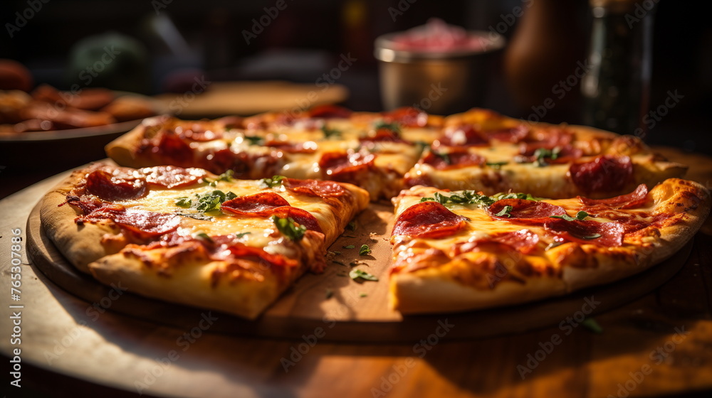 Sliced Pizza with melted cheese and basil on a wooden board. Italian cuisine and fast food concept. Design for restaurant menu, food blog.