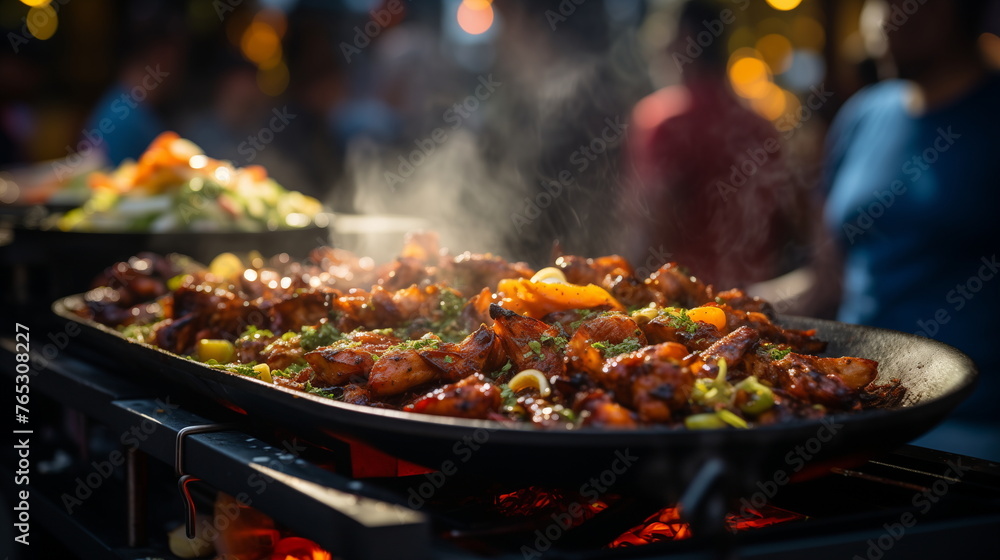 Street food festival. Grilled chicken served in a pan at a street food market with steaming vegetables and sauces. Night market and outdoor dining concept.