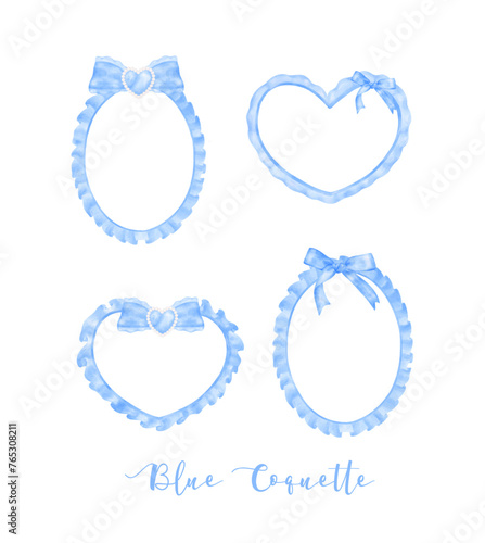 set of Trendy Blue Coquette frame with ribbon bow Watercolor hand painting soft pastel