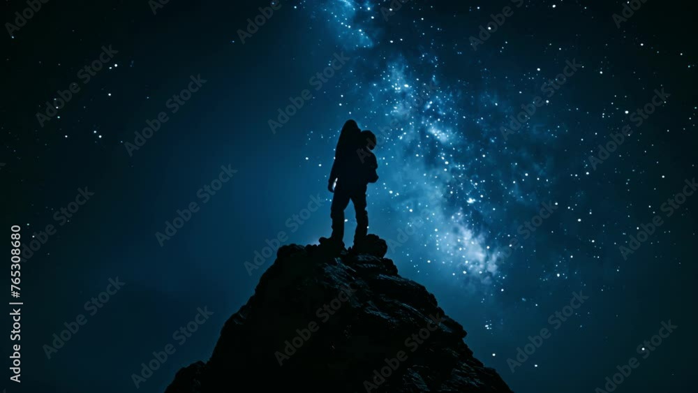 A silhouette of a lone adventurer standing on top of a mountain peak ...