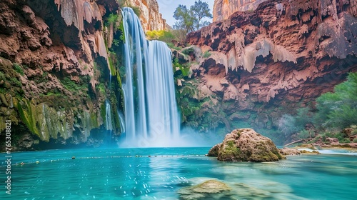 A majestic waterfall cascading down rugged cliffs into a crystal-clear pool below