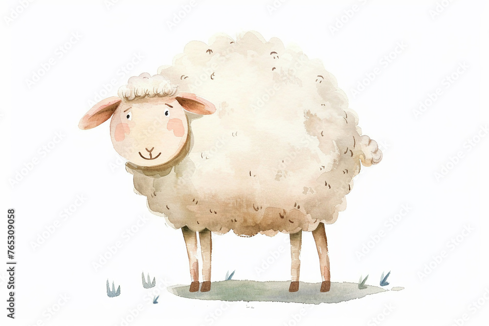 Obraz premium A Sheep cute hand draw watercolor white background. Cute animal vocabulary for kindergarten children concept.