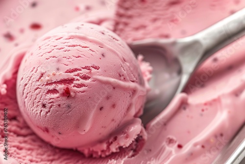 spoon taking out a scoop of strawberry ice cream making motion and black background