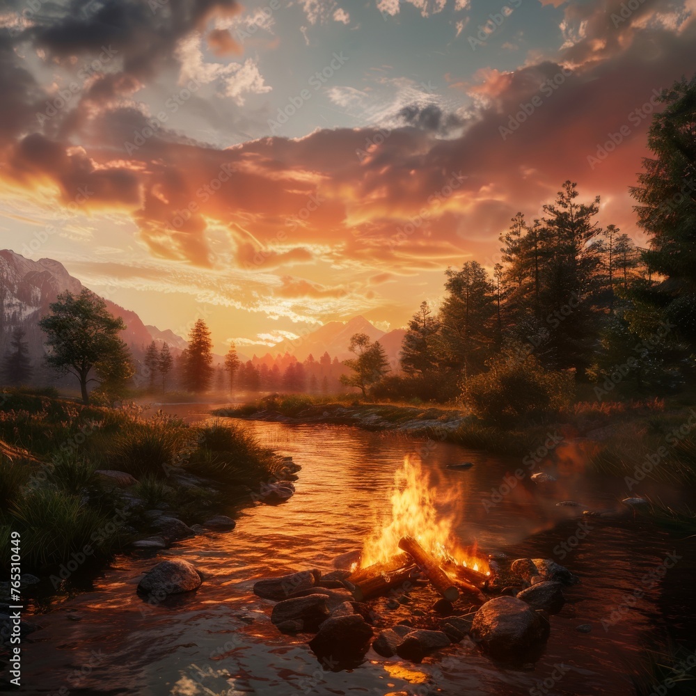 A peaceful landscape with the warm glow of a crackling fire