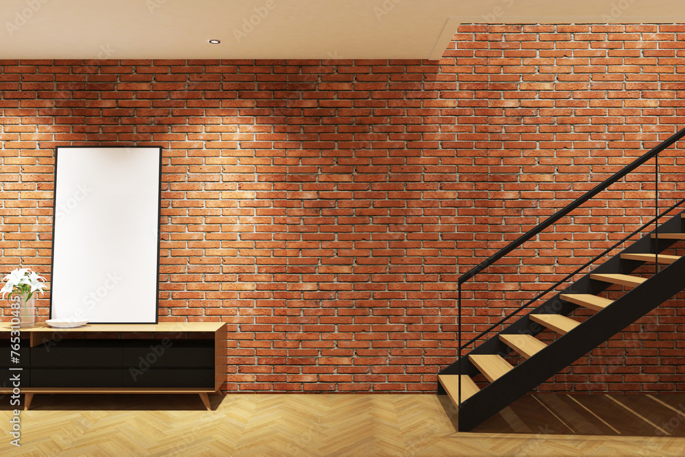 3d rendering interior of stairway entrance with credenza, plant and