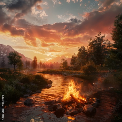 A peaceful landscape with the warm glow of a crackling fire
