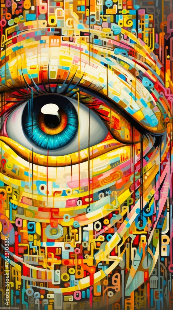 Fototapeta premium An abstract depiction of the Binary alphabet merging with an eye creating an otherworldly and ethereal aesthetic