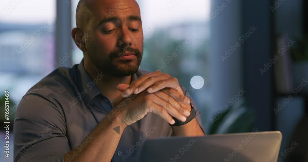 Night, laptop and man overwhelmed by stress, workload or deadline anxiety in office with crisis. Frustrated, overworked and tired employee with burnout problem, time pressure or 404 mistake online