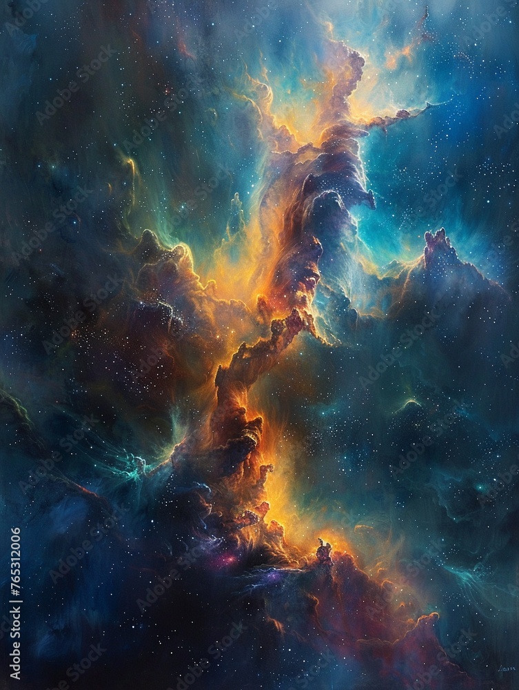 Design a striking frontal visualization that fuses the intricate details of a nebula with an artists palette, harmonizing astronomical wonders with the essence of creativity Design a striking frontal visualization that fuses the intricate details of a nebula with an artists palette, harmonizing astronomical wonders with the essence of creativity