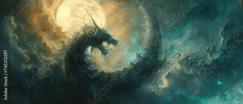 A mythical dragon coiled around a moon guarding the secrets of the universe