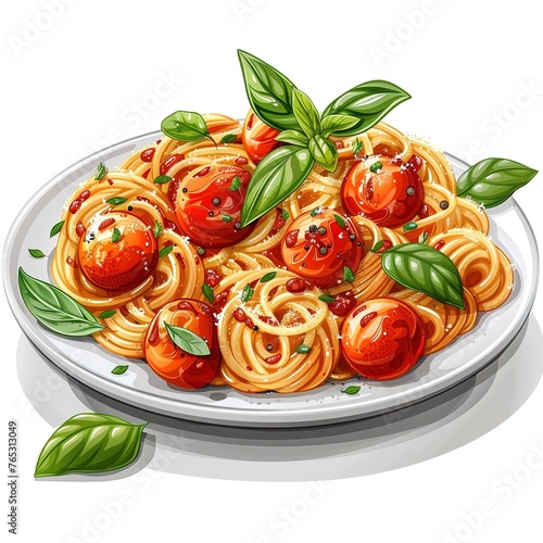 spaghetti on a plate. spaghetti tomatoes, onions isolated on white background
