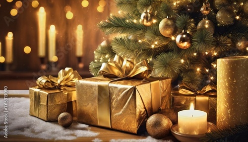 a christmas background image featuring gold wrapped presents a christmas tree and candlelight creating a rich and festive ambiance photorealistic illustration © Nathaniel