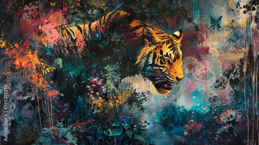 Expressive acrylic composition highlighting the urgency of global extinction influenced by the styles of celebrated artists. Promotes awareness and action for environmental conservation. - obrazy, fototapety, plakaty 