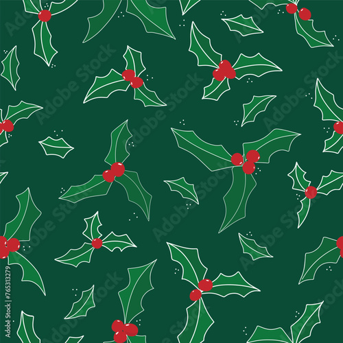 Holly and Berries in Deep Greens, Red and White Line Art in a Seamless Pattern