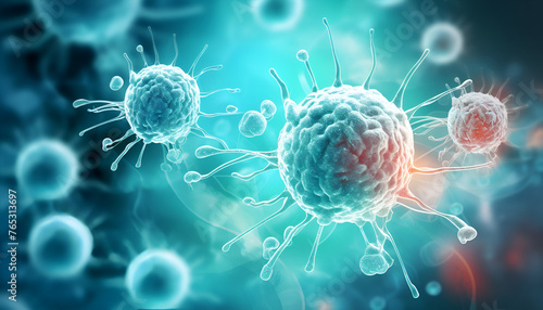 Virus molecules and microbes infect human body and affect immunity conducting experiments on ovarian cance on blurly drfocused background.