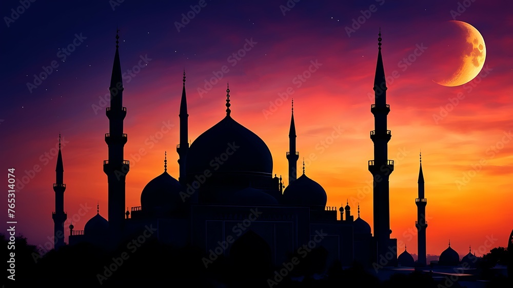 Silhouette of mosque at sunset background. Ramadan Kareem background