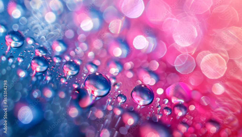 Bright background, transparent water drops on smooth colorful surface, abstract background