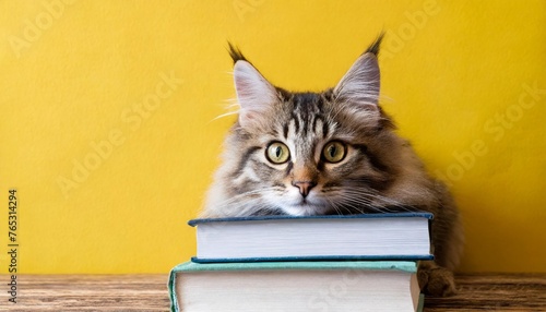 cute fluffy cat peeks out from behind a stack of books on a yellow background