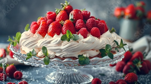 Berry Bliss: Close-Up of a Dessert with Raspberries, Strawberries, and Cream