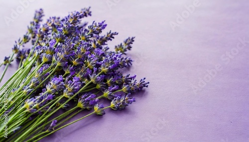 lavender flowers lie on a purple background with copy space