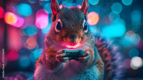 A whimsical squirrel holds a game controller, intensely playing a video game against a bokeh light background.