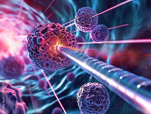 Illustration of radiation therapy targeting colorectal cancer, with rays penetrating malignant cells, conveying hope and advanced medical technology photo