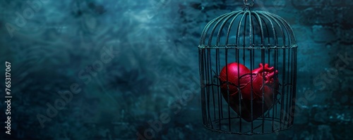 Metaphoric image of a heart locked in a cage of cholesterol, representing the entrapment by cardiovascular disease photo