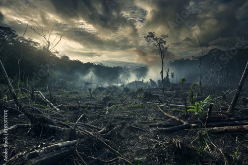 Lush rainforest transformed into barren land, a vivid portrayal of deforestation and biodiversity loss impact photo