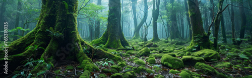 樹海、苔のある深い森 Sea of trees, deep forest with moss