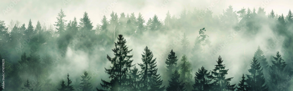 霧の森の横長イメージ　Horizontal image of foggy forest