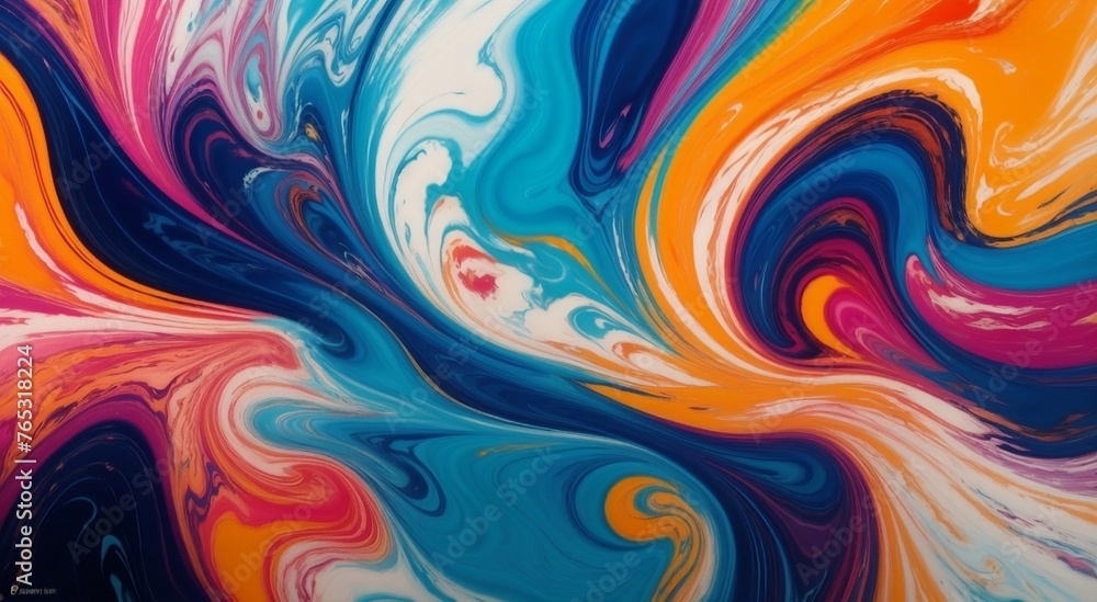 Swirling, vibrant waves of abstract marbled acrylic paint ink dance across the canvas in a mesmerizing display of color and texture. 