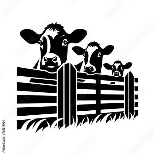 Silhouette of cows peeking over a fence, ideal for farm-themed designs, agricultural illustrations, and rural graphics.