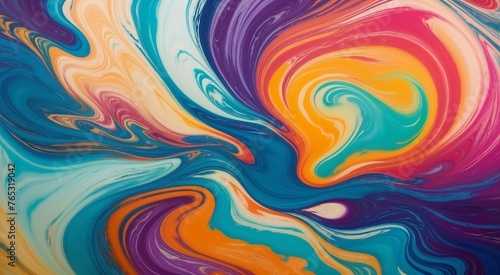 Swirling, vibrant waves of abstract marbled acrylic paint ink dance across the canvas in a mesmerizing display of color and texture.  © Kasun Udayanga