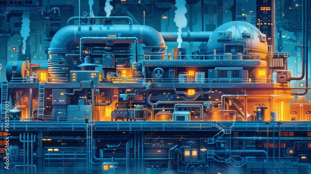Detailed cutaway reveals factory at full capacity after tech-driven pollution cleanup.