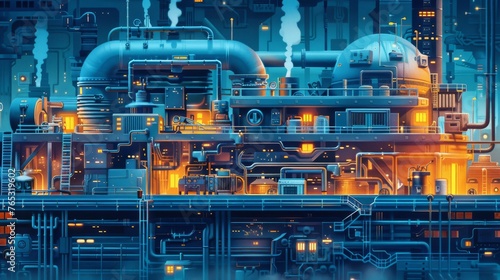 Detailed cutaway reveals factory at full capacity after tech-driven pollution cleanup.
