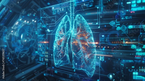 3D rendering of a polluted lung in a sci-fi environment, showcasing PM 2.5 damage and futuristic filtration tech, with holographic data displays.