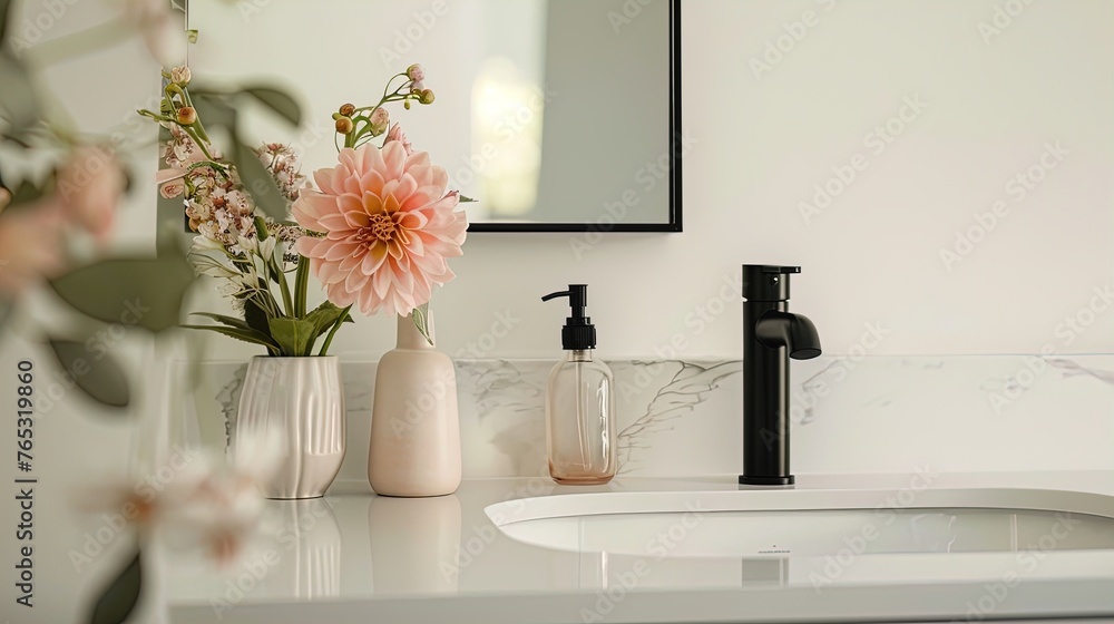 Chic serenity in blush and black: a minimalist bathroom with a designer vase and sleek fixtures. Chic serenity in blush and black: a minimalist bathroom with a designer vase and sleek fixtures.