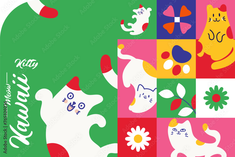 Naklejka premium Kawaii Cats vector illustration Smiling Kitty, cute and round-faced cat