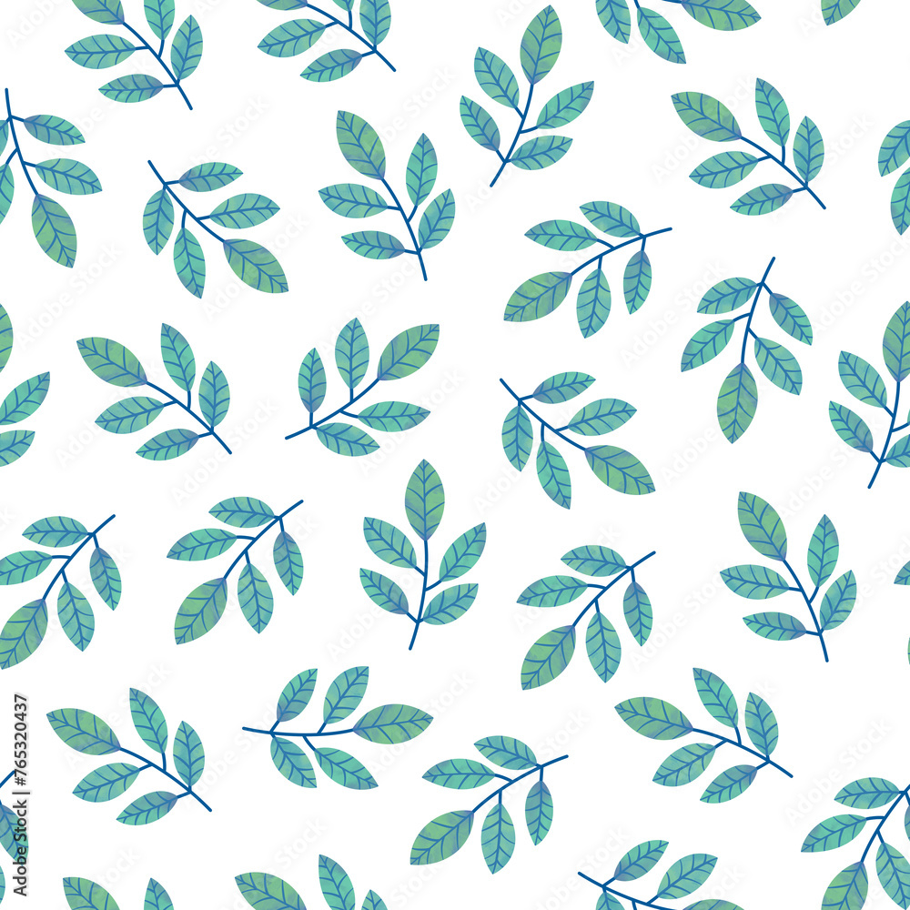 Naklejka premium Green falling leafy branches seamless pattern on white background. Hand drawn textured botanical allover illustration. Repeat leaves flat backdrop