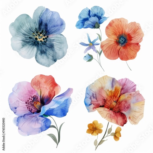 set of flowers hand drawn with watercolors