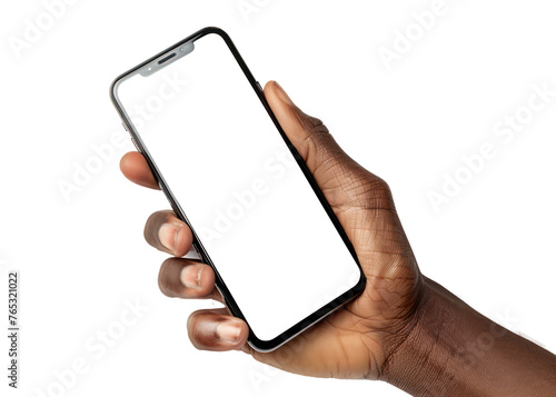 man hand holding empty screen cellphone on transparent background