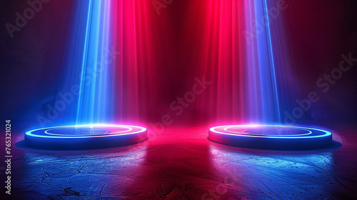 Round neon lights wallpaper style. Blue and red glow rays. Magic portal.