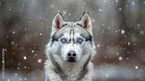 Siberian husky puppy with captivating blue eyes reveling in a majestic snowy adventure