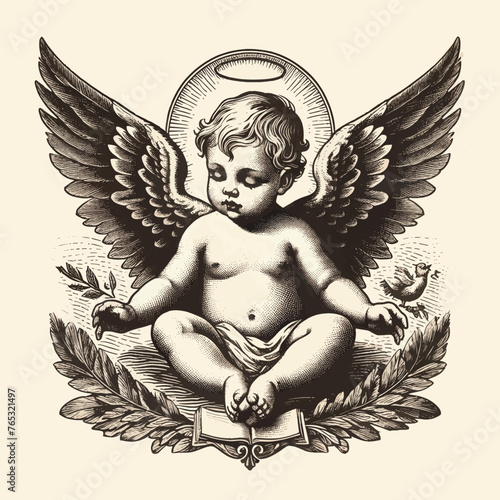 baby with wings old engraving vector style, baby vector illustration retro vintage handwriten style