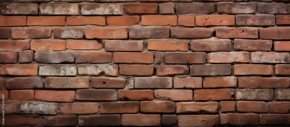 A detailed closeup of a brown brick wall showcasing the craftsmanship of the bricklayer. The rectangular bricks are set in mortar to form a sturdy building material