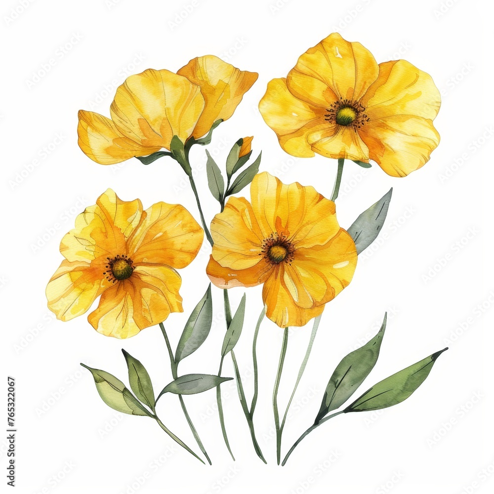 set of yellow flowers hand drawn with watercolors