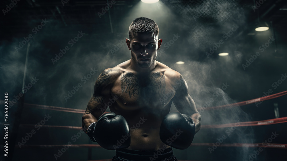 Sportsman muay thai boxer fighting in boxing cage, isolated on dark black background with light and smoke. Prepare to match. Copy Space. Sport concept.