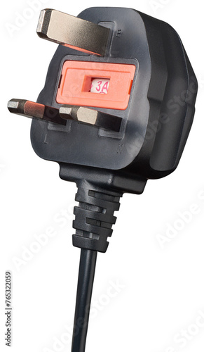 three pin ac power plug isolated on white background, british standard or type G plug with rectangular prongs and built in fuse to protect against over current photo