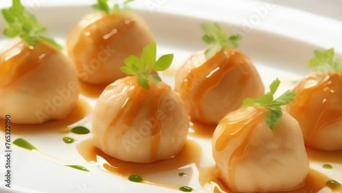 An aesthetically pleasing shot showcasing a of bitesized Gefilte fish balls, shimmering with the rous glaze from the rich fish broth they were cooked in, served on a pristine white porcelain photo